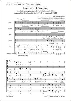 Lamento d'Arianna. Madrigal version from the 6th Book of Madrigals (1614) (Singing Score)